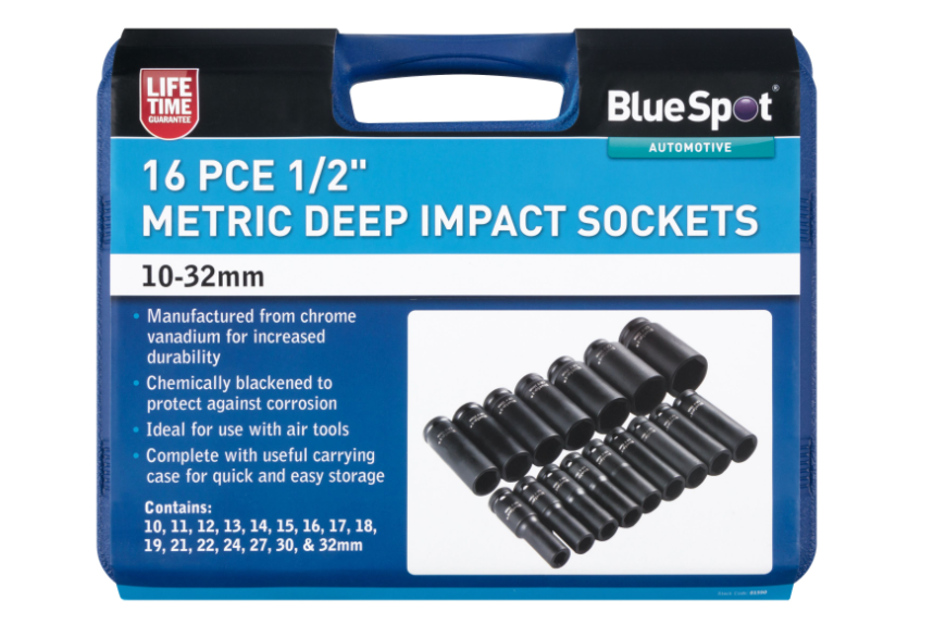 BlueSpot Tools 01550 1/2" Metric Deep Impact Sockets (10-32mm)