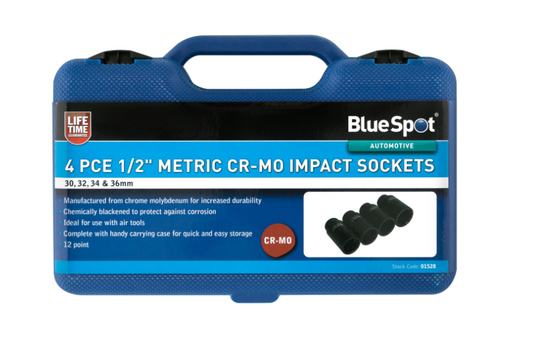 Bluespot 01528 4 Piece 1/2" Dr Metric Cr-Mo Metric Impact Sockets 30-36mm