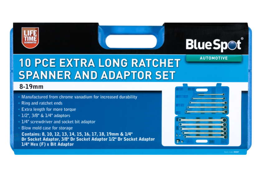 BlueSpot Tools 04307 10PCE Extra Long Ratchet Spanner and Adaptor Set (8-19mm)